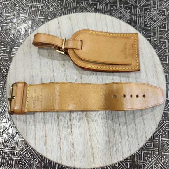 🐢 Vintage LOUIS VUITTON Vachetta Luggage Tag w/ Keepall Strap Holder - Picture 8 of 14